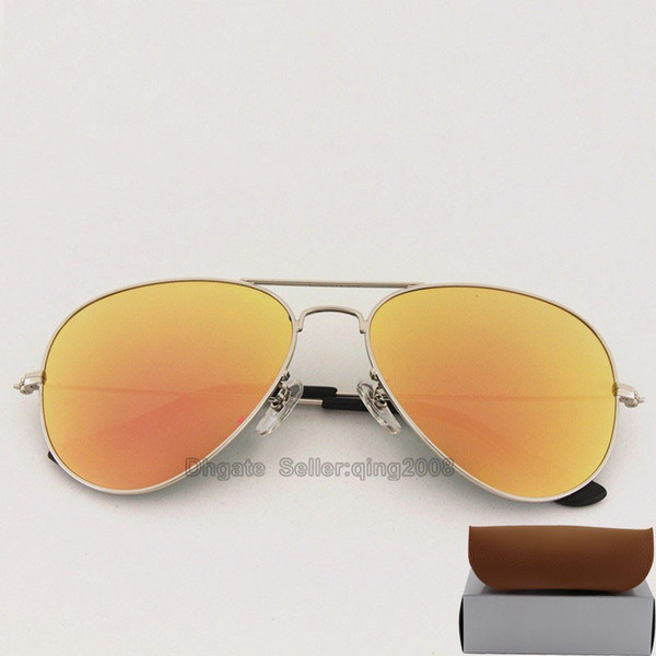 10pcs Brand Mens Womens Designer Sunglasses Pilot Sun Glasses Silver Frame Pink Mirror Colorful Flash Glass Lenses 58mm With Brown Cases