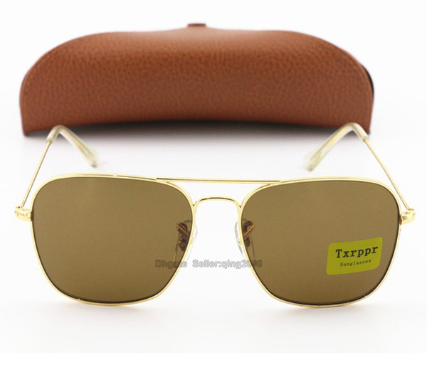 1pcs Best Quality Fashion Rectangle Txrppr Sunglasses For Women Eyewear Sun Glasses Gold Metal Frame Brown 58mm Glass Lens with Box