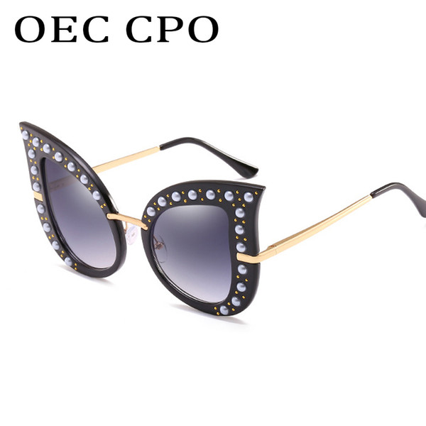 OEC CPO Diamond Cat Eye Sunglasses Women Brand Big Frame Pearls Sun Glasses Female 2019 New Oculos Ladies Gradient Oculos UV400 L116