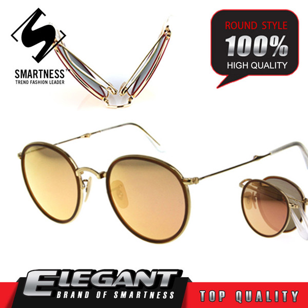 Hot brand fashion 03517 Round Folding strong Alloy reflective Sunglasses Men Women UV400 Protection Gold Frame Pink Sunglasses with Case box