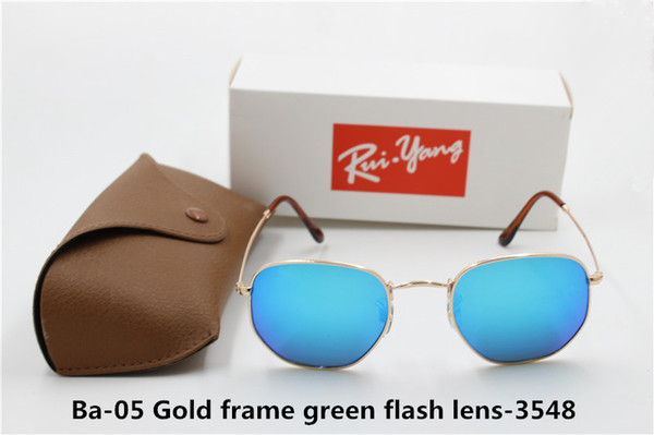 Hot New High Guality Vintage Round Angle Yxvaxl Sunglasses Gold Frame Green Flash 51mm Glass Lens UV400 Protection Brown Case