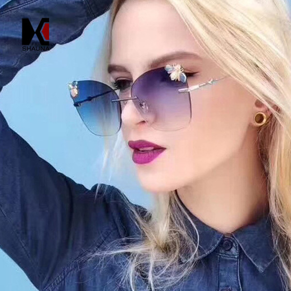 SHAUNA Fashion Women Rimless Cat Eye Sunglasses Metal Honey Bee Gradient Sun Glasses Ladies