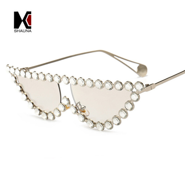 SHAUNA Newest Luxury Crystal Decoration Cat Eye Sunglasses Women Fashion Half Frame Clear Pink Blue Yellow Shades