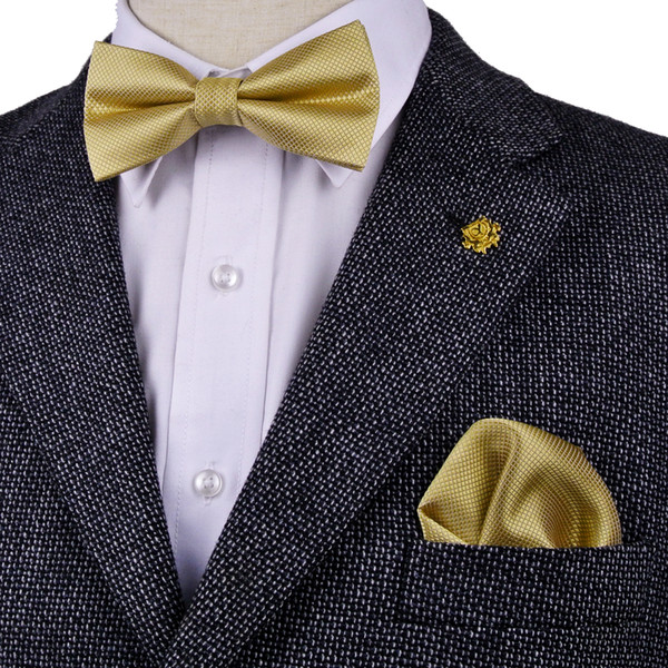 BF15 Free Shipping Solid Checked Gold Yellow Mens Pre-tied Tuxedo Bow Tie Hanky 100% Silk Adjustable Wholesale Casual Wedding Party