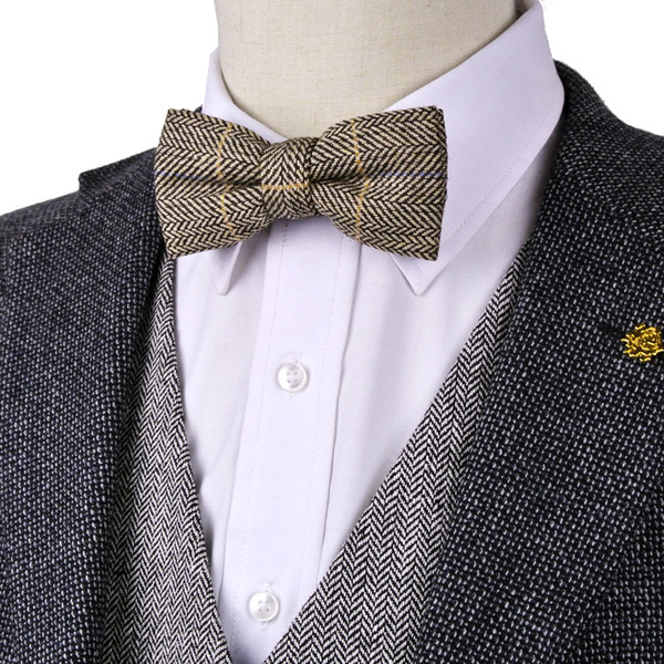 Brand New Checked Herringbone Khak Beige Camel Multicolor Mens Pre-tied Tuxedo Bow Tie Wool Adjustable Trendy Wholesale Free Shipping