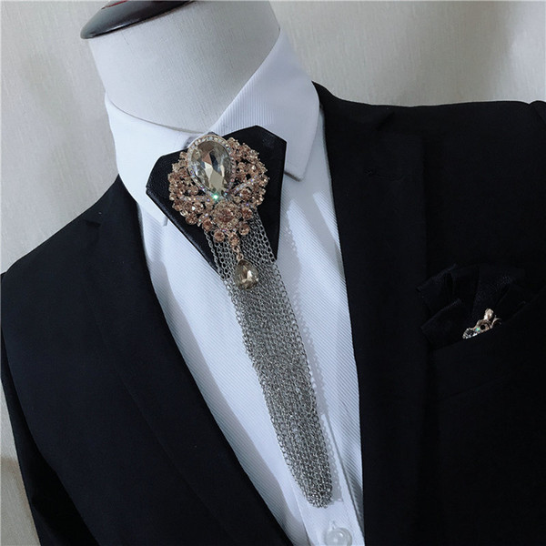 Men Alloy Rhinestone Crystal Bow Tie Cravat Wedding Suit Club Party Shirt Necktie Luxury Tassels Chain Pu Leather Ribbon Bowtie