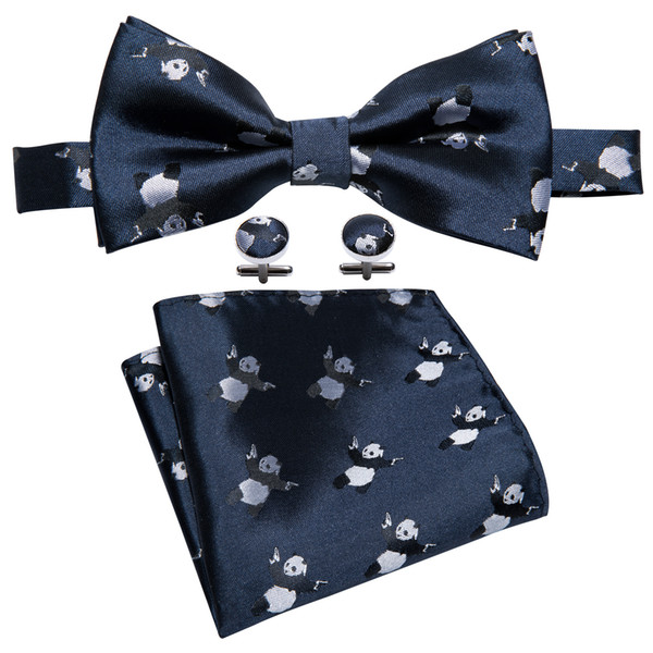 Mens Dark blue silk bow tie with panda pattern design fashion handkerchief cufflinks luxury fashion wedding business party LH-835