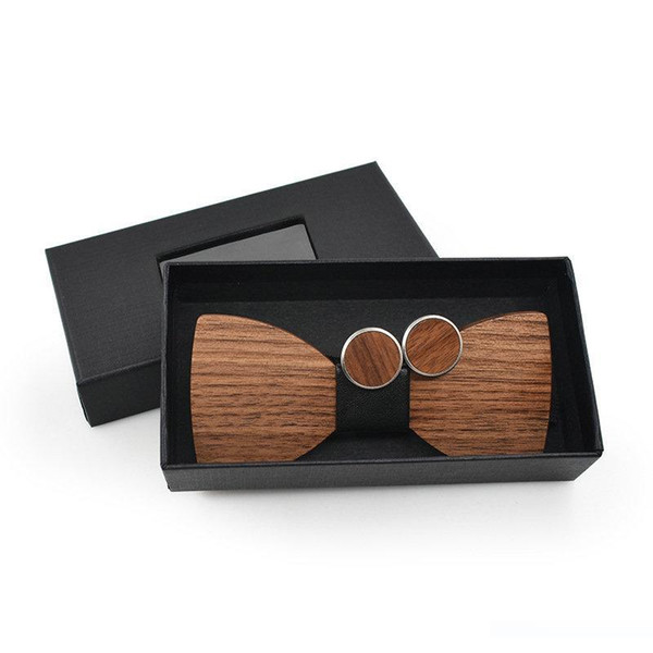 2018 Fashion Men Wedding Party Wood Bow Tie Cufflinks Neck Tie Set Groom Wooden Floral Striped Plaid Polka Dot Bowtie Cuff links