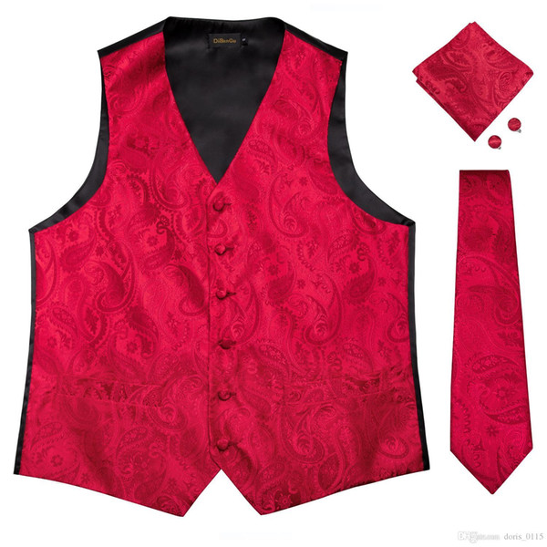 Hi-Tie Men's Classic Red Flaoral Jacquard Silk Waistcoat Vest Handkerchief Cufflinks Party Wedding Tie Vest Suit Set MJTZ-0102