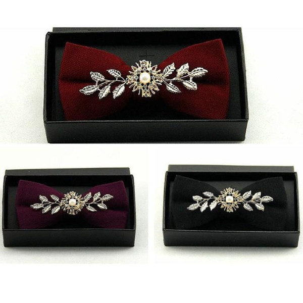 fashion wool bowknot for men bow ties metal flower diamond bowtie butterfly purple black red boxed gift