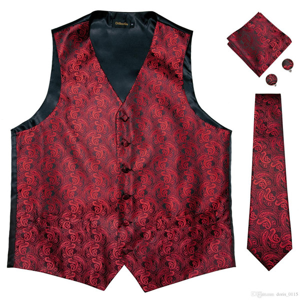 Hi-Tie New Designer Red Floral Vests of Men Silk Men Vests Suit Party Business Vests with Handkerchiefs Cufflinks Tie MJTZ-0106