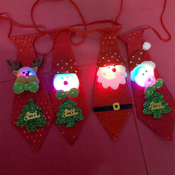 LED Lights Christmas Tie Glow Sequins Santa Claus Bear Snowman Elk Necktie For Children Cartoon Tie Decoration New Year Gift