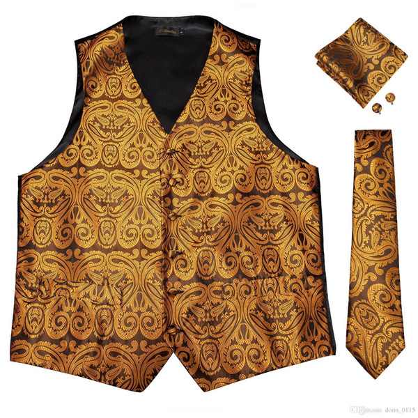 Hi-Tie Men's Luxury Golden Silk Jacquard Waistcoat Vest Handkerchief Cufflinks Party Wedding Tie Vest Suit Set MJTZ-0101