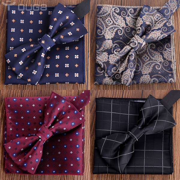 Check Polka Dot Silk Jacquard Woven Men Butterfly Self Bow Tie BowTie Pocket Square Handkerchief Hanky Suit Set