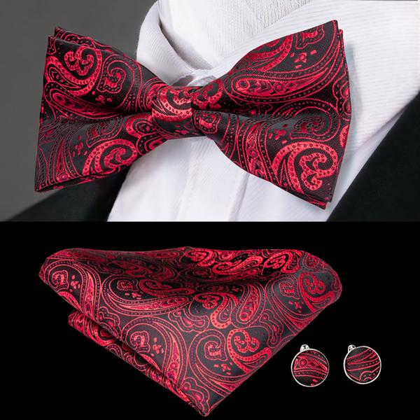 Hi-Tie Red Floral Bow Tie Designer Set With Handkerchief Cufflinks For Mens Luxury Fashion Wedding Business Party LH-789