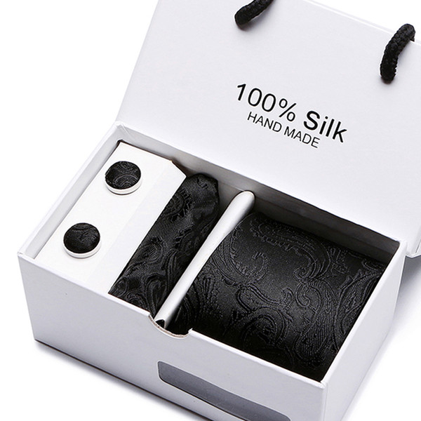 Men Luxury 7.5CM 100% Silk Necktie Pocket Square Silk Tie Set Cufflinks Handkerchief Wedding Party Gift Box