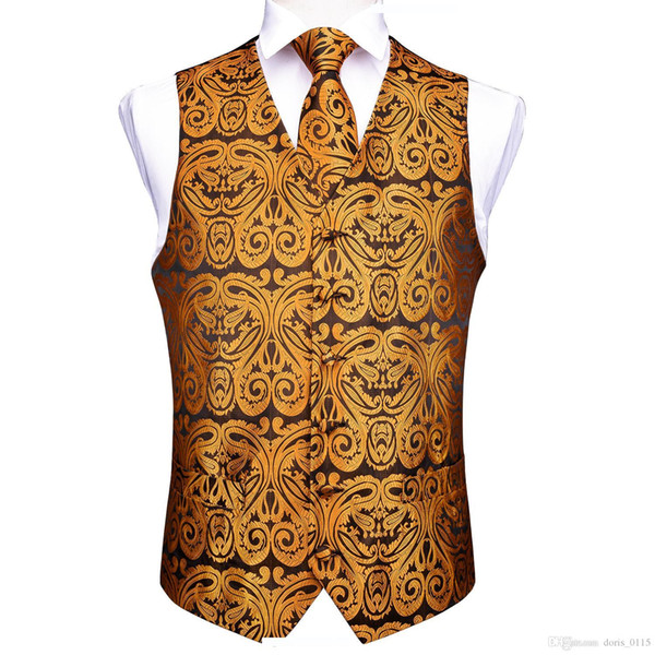 Hi-Tie Men's Luxury Golden Silk Jacquard Waistcoat Vest Handkerchief Cufflinks Party Wedding Tie Vest Suit Set MJTZ-0101