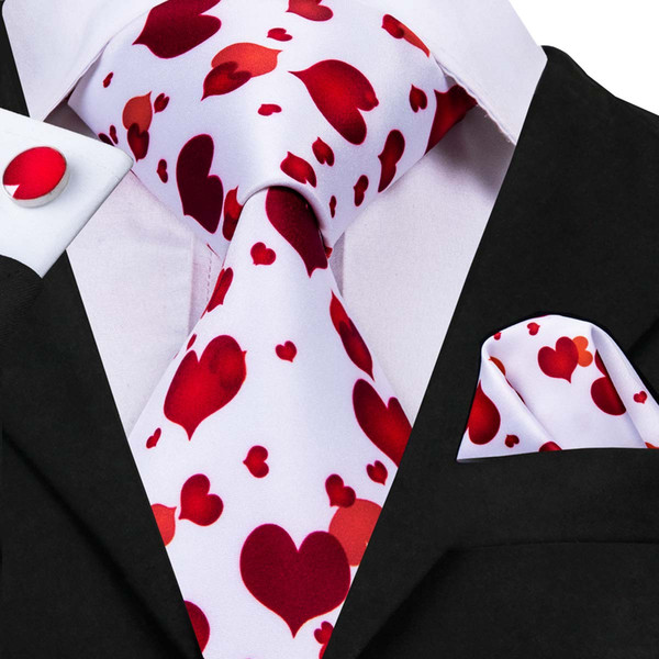 MensWhite tie with print red heart pattern mens tie Meeting Business wedding party Casual Party Necktie free shipping N-3097