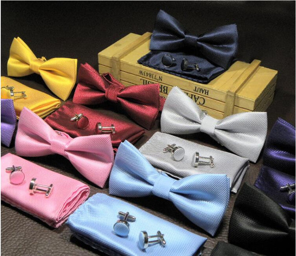 15 Colors Classic Solid Bow Ties Set 3PCS/SET Mens Fashion Bowtie Handkerchief Cufflinks Sets Wedding Party Business Suit Tuxedo Accessories