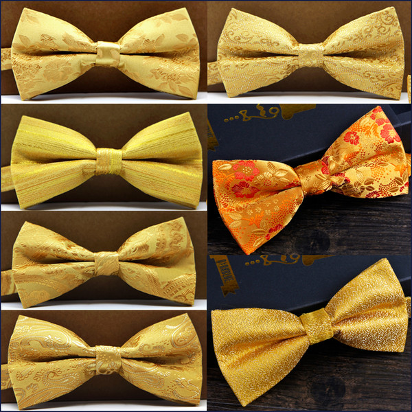 Free Shipping Paisley Floral Solid Stripes Gold Yellow Mens Pre-tied Tuxedo Bow Tie 100% Silk Adjustable Wholesale Handmade Brand New