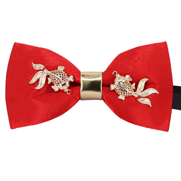 New High Quality red Bow Tie for Men Party Wedding prom Butterfly neckTie with Metal goldfish Bowtie Luxury