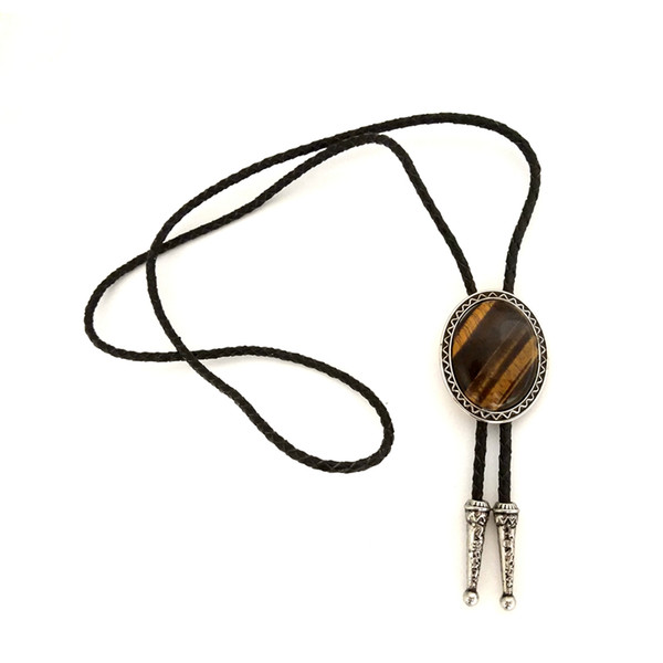 5 PCS Wholesale Black leather bolo tie Metal buckle adjustable with tiger's eye stone decoration Cowboy male accessories