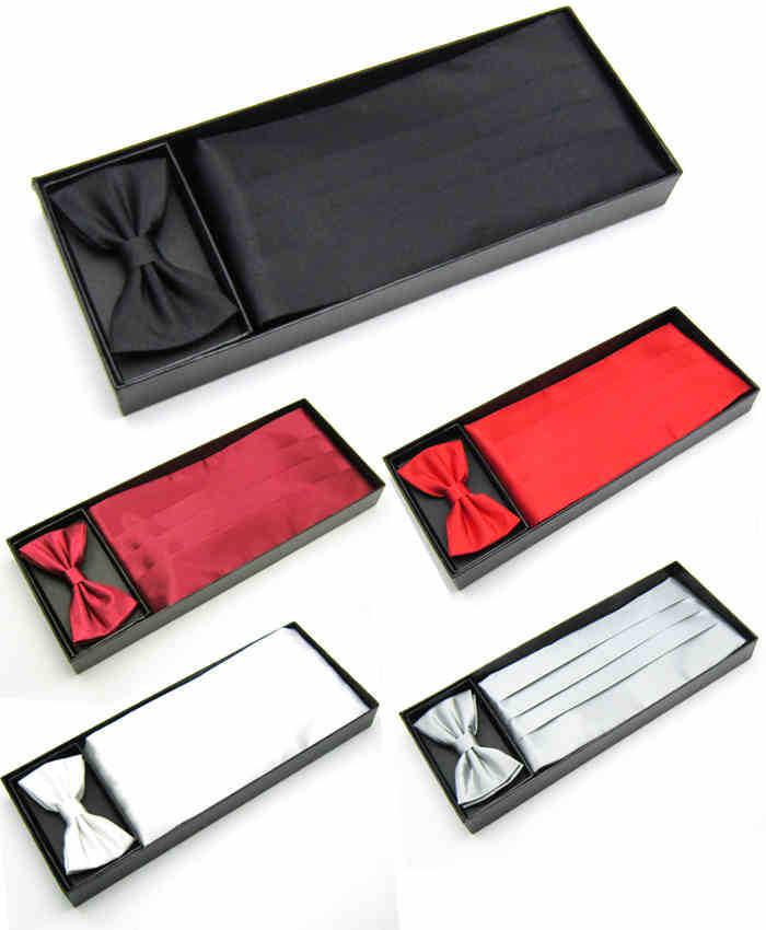 Wholesale-Free shipping 2015 Mens Wedding Tuxedo Bow tie Set Cummerbund Hanky Pocket Towel Gift Box Black Red White Solid Bowtie Cravat