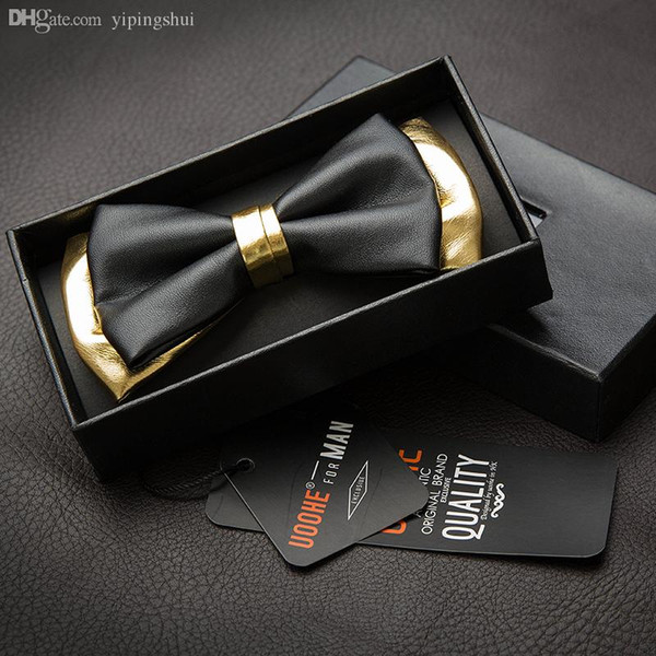 High quality men bow tie black gold color male leather PU butterfly tie formal suit wedding groom tie