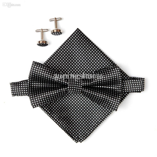 Wholesale-2015 Hot sell Black men's neck ties set bow tie hanky cufflinks butterfly Pocket square