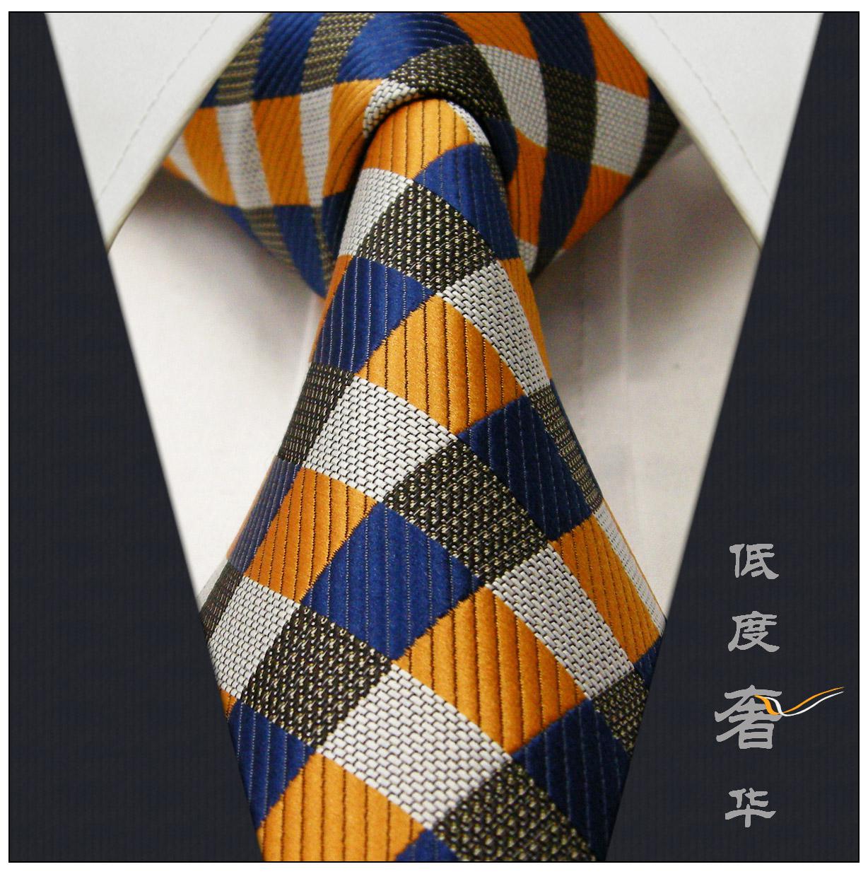 Wholesale-Checked Yellow Gray Blue Silver Mens Neckties Ties 100% Silk Jacquard Woven Blue Fashions Mens Tie Casual Dress Ties For Men