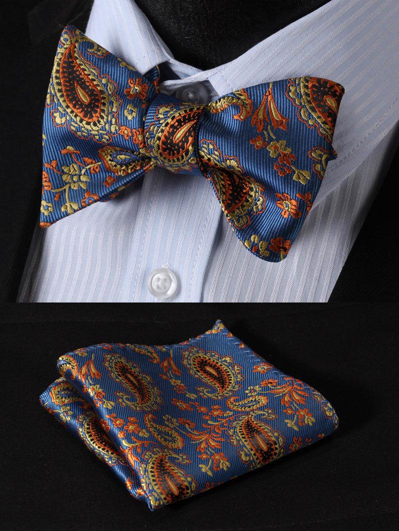 Wholesale-BF3023B Blue Yellow Paisley 100%Silk Jacquard Woven Men Butterfly Self Bow Tie BowTie Pocket Square Handkerchief Hanky Suit Set