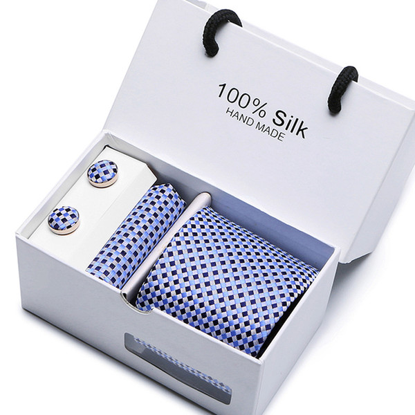 2019 New Brand Striped DotMen Neck Ties Clip Hanky Cufflinks sets Formal Wear Business Wedding Party Plaid Tie for Mens cravat T16-23