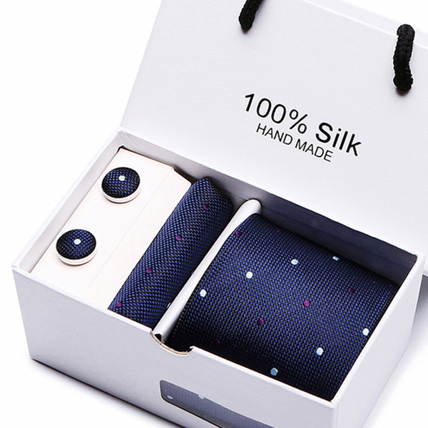 2019 New Brand Striped DotMen Neck Ties Clip Hanky Cufflinks sets Formal Wear Business Wedding Party Plaid Tie for Mens cravat T16-29