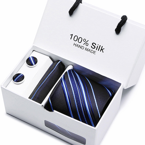 2019 New Brand Striped DotMen Neck Ties Clip Hanky Cufflinks sets Formal Wear Business Wedding Party Plaid Tie for Mens cravat T16-33