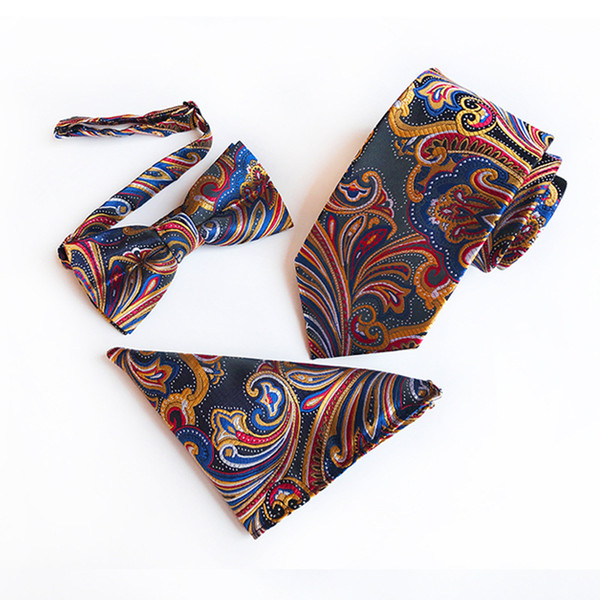 spot direct supply 2018 foreign trade explosion section polyester jacquard 8cm tie bow tie pocket towel three-piece