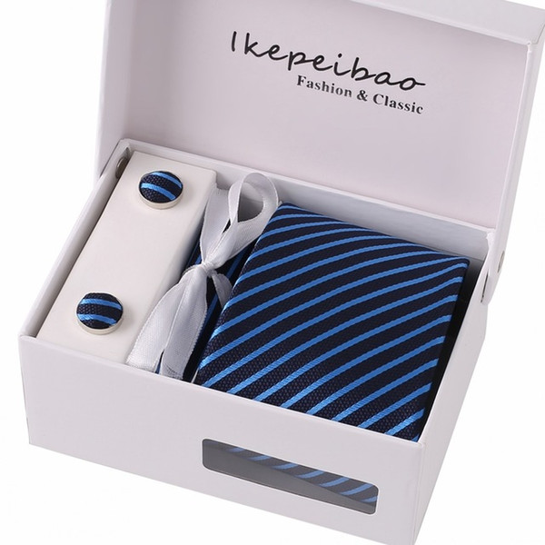 Ikepeibao Mens Wide Formal Ties Necktie Sets Cufflink Hanky Clips Custom Check Gravata Colar Pasta Ties for Business Dark Blue stripes