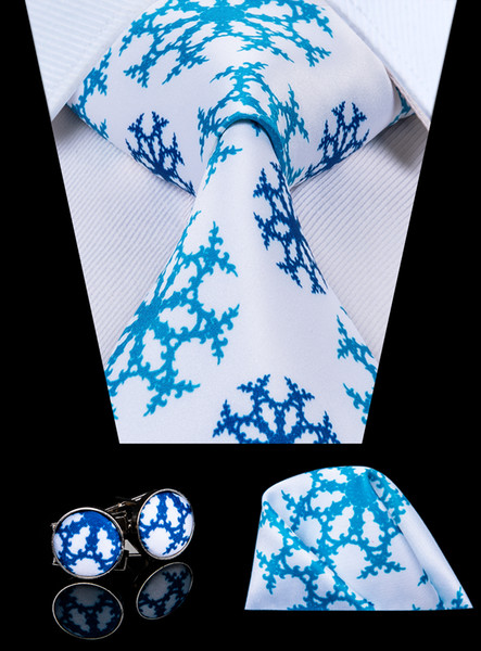 Hi-Tie New Novelty White Silk Necktie Brand Design Snow Pattern Tie Hanky cufflinks Set for Man Wedding Party Tie Set N-3094