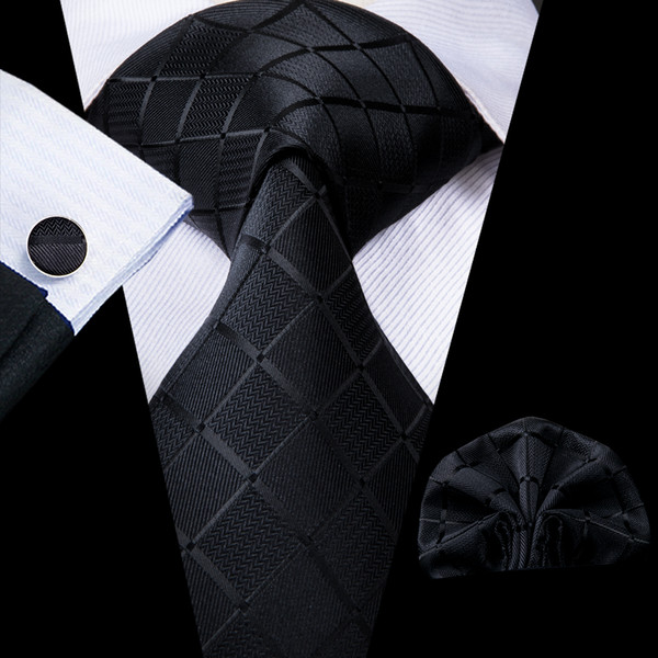 Hi-Tie New Designer Black Plaid Silk Neckties for Men Jacquard Wowen Tie Handkerchiefs Cufflinks Set for Business Wedding N-1758