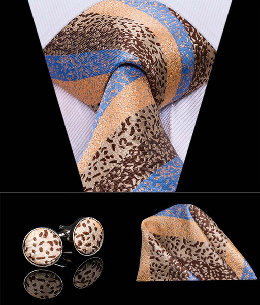 HI-TIE Luxury Stripe Tie Hanky Cufflinks Sets 100% Jacquared Waven Men's Silk Ties Formal Business Party Tie Set N-3070