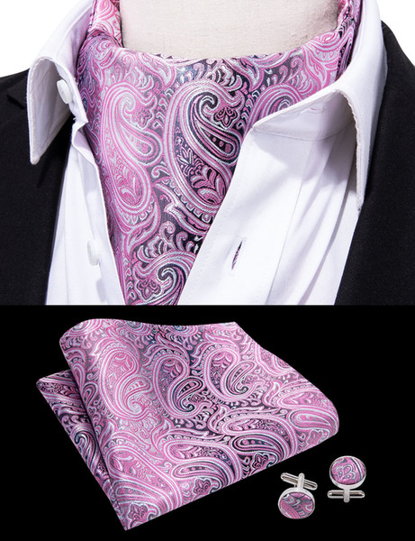 Hi-Tie Fashion Brand Men Handkerchief Cuffflinks Cravat Set Silk Pink Paisley Pattern Gentlemen Wedding Ascot Bowtie AS-0002