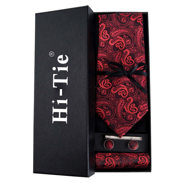 Mens 100% silk black with red paisley tie with Gift box handkerchief cufflinks collar clip set of 4 Mens Tie Set free shipping