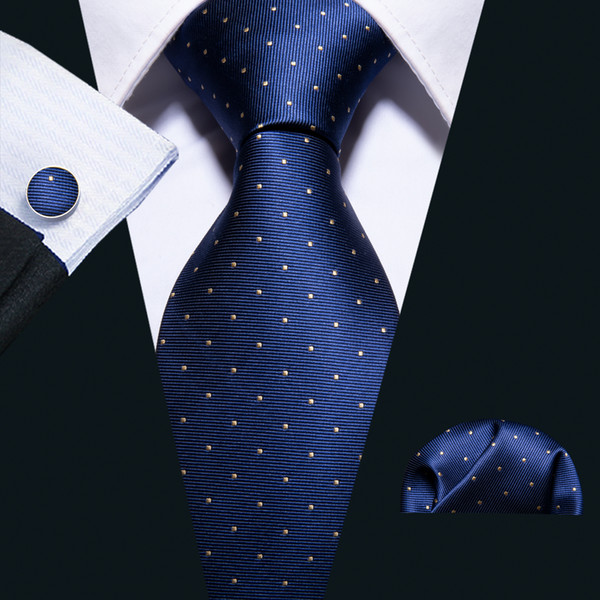 Hi-Tie Blue Mens Ties Handkerchief Cufflinks New Design Fashion Silk Yellow Dot Neck Ties For Mens Busines N-5095