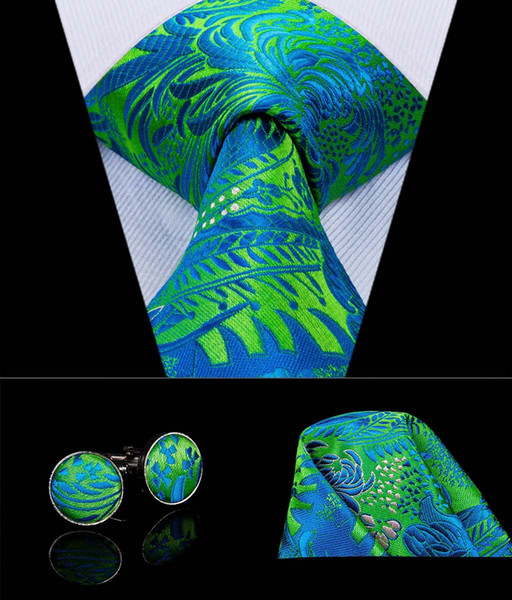HI-TIE Green Bule Floral Tie Hanky Cufflinks Sets Men's 100% Silk Ties for men Formal Wedding Party Groom N-3056