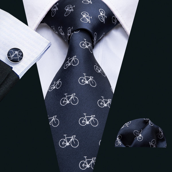 Hi-Tie Bicycle Pattern Necktie 100% Silk Men's Ties Dark Tie Classic Party Wedding Tie Hanky Cufflinks Pocket Square Set N-5066