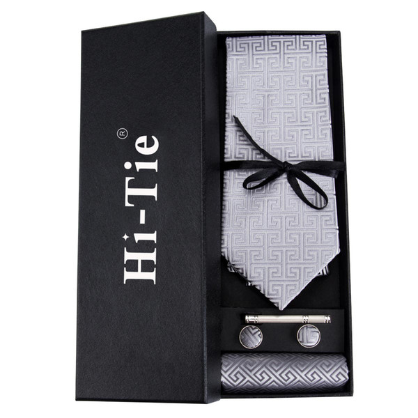 Mens 100% silk tie Gray pattern Gift box handkerchief cufflinks collar clip set of 4 Wholesale Necktie Mens Ties Set free shipping