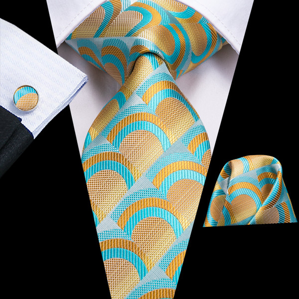 Hi-Tie New Geometric Pattern Tie Set Silk Plaid Silk Hankychief Cufflinks Set for Mens Business Gifts Tie Suit N-3113