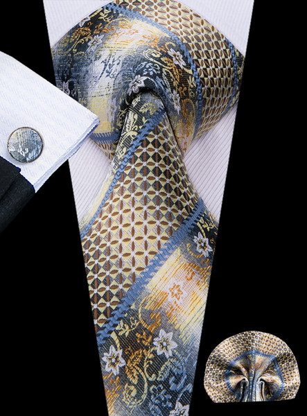 Hi-Tie Design Folral Mens Necktie Golden Jacquard Wowen Classic Silk Tie Handkerchief Cufflinks Set Business Party Wedding Tie Set N-3001