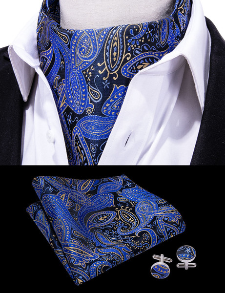 Hi-Tie Paisley Woven Designer Men's Silk Cravats New Blue Mens Ascot Handkerchief Cuffflinks Set For Men Tie Necktie AS-0004