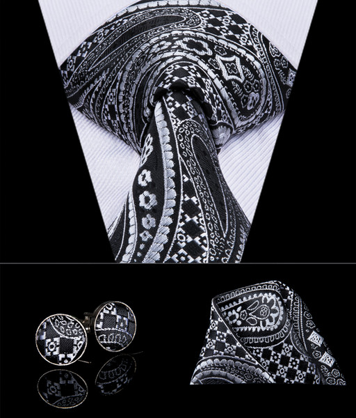 Hi-Tie Luxury Silk Black Paisley Floral Ties for Men Tie Set Ties and Handkerchiefs Fashion Designer Business Wedding Mens Ties N-3080