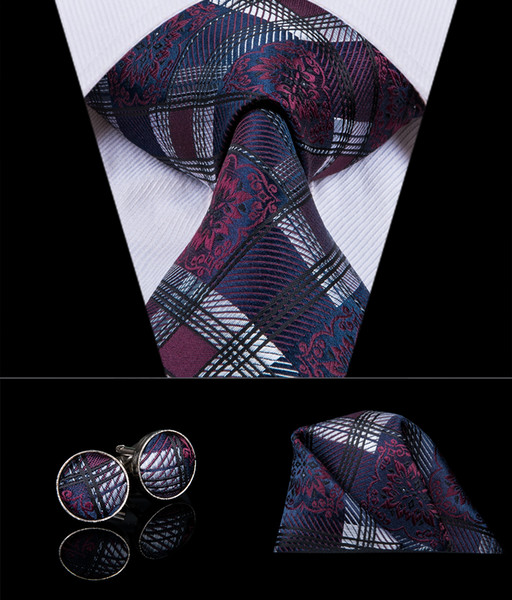 HI-TIE Noveity Silk Men Tie Set Clasic Purple Plaid Necktie Hanky Cufflinks Set Luxury Quality Fashion Men's Party Wedding Tie Set N-3073